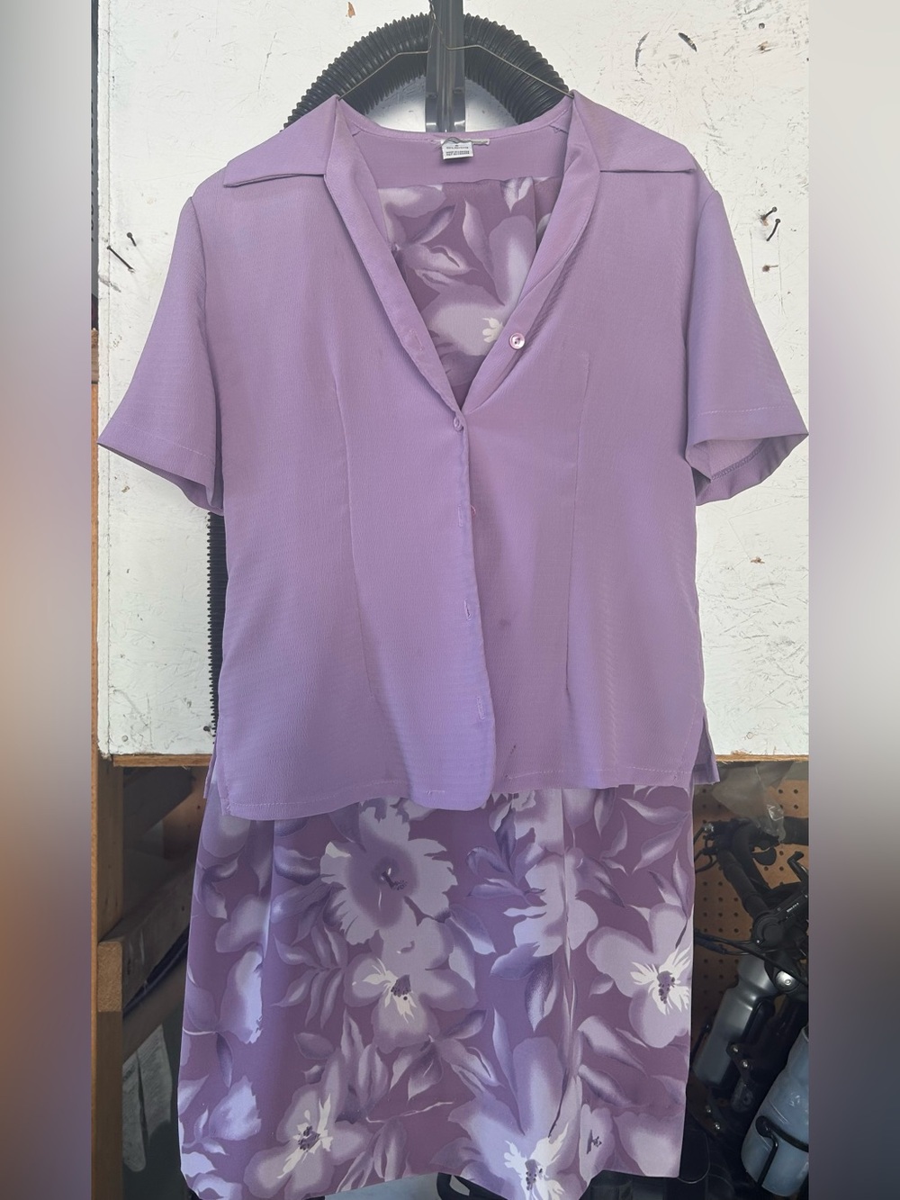 Light Purple Short Sleeve Blouse and purple flower ankle length skirt